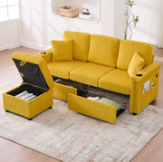 Divano in velluto a coste giallo senape con LED; USB/Type-C; portabevande e vano contenitore
