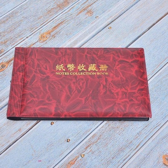 Album per banconote in carta, transparenze per 30 banconote, conservazione a lungo termine, design semplice, colore rosso scuro.