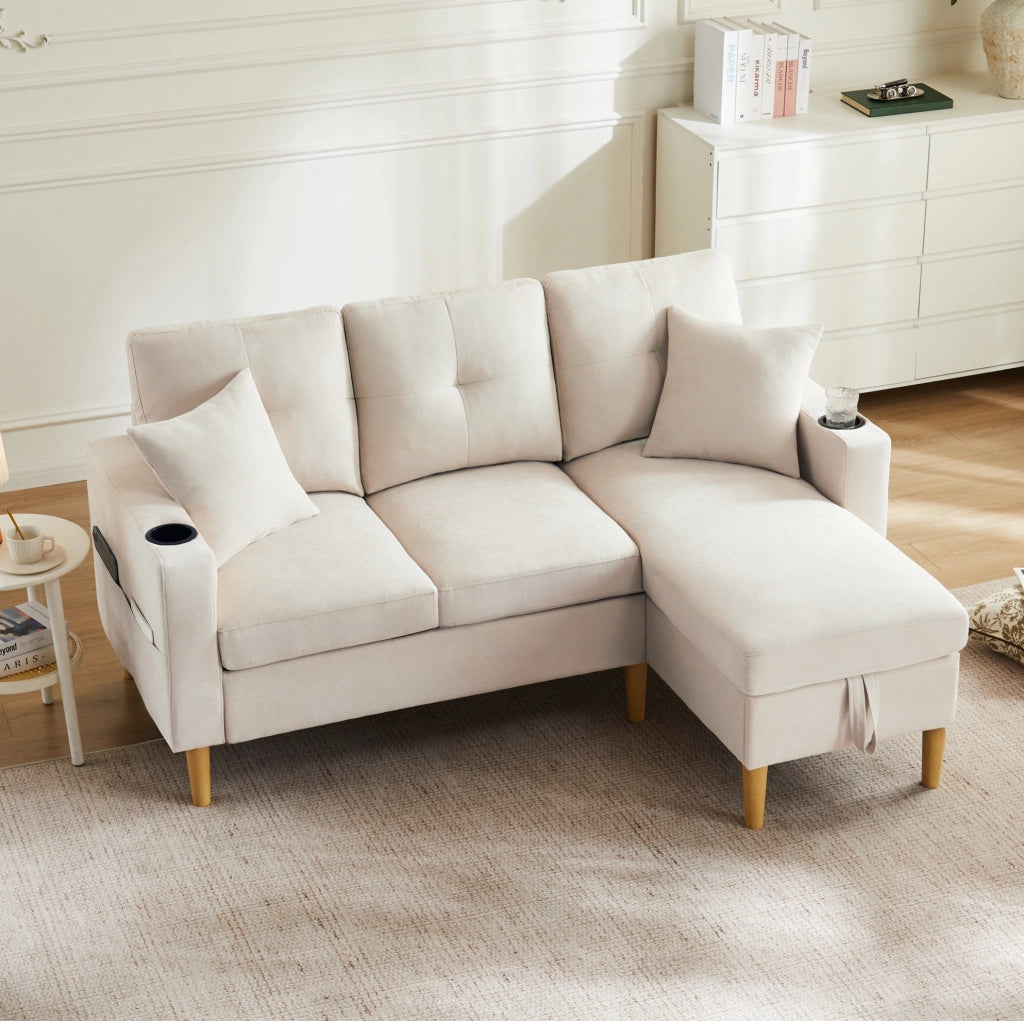 Divano angolare 3 posti con chaise longue reversibile beige