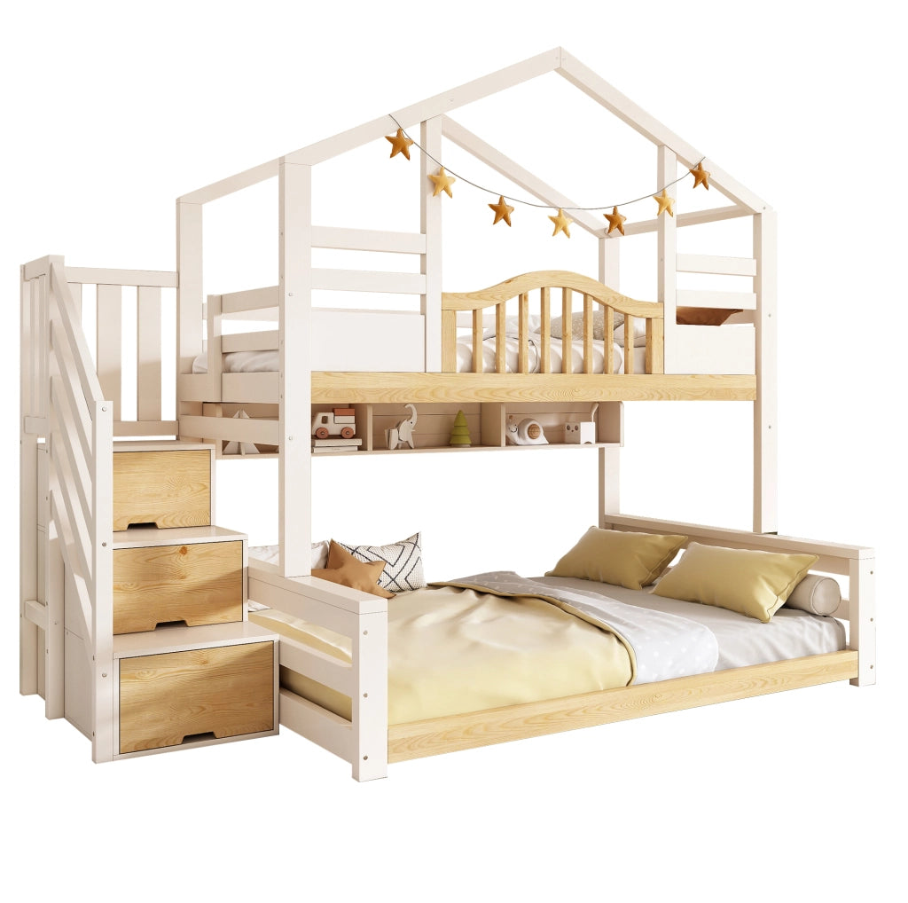 Letto a castello per bambini 90x200/140x200 in legno bianco e naturale con scala contenitore