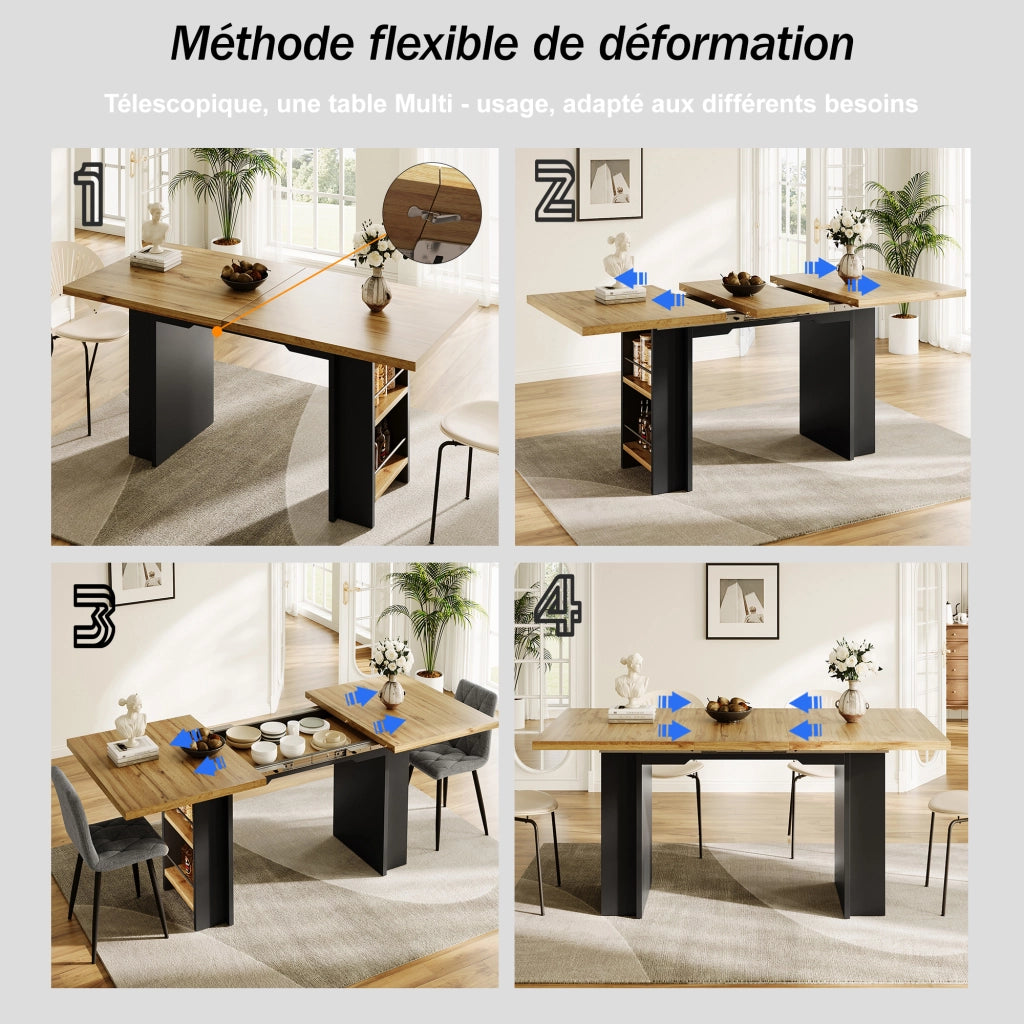 Tavolo allungabile con ripiani e vano contenitore, in MDF effetto legno, per soggiorno e studio, 120-160 × 80 × 75 cm