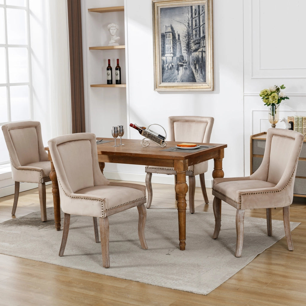 Sedia da Pranzo Imbottita in Velluto con Gambe in Legno Massello ¨C Xylo ¨C Beige, Set 4 Pezzi