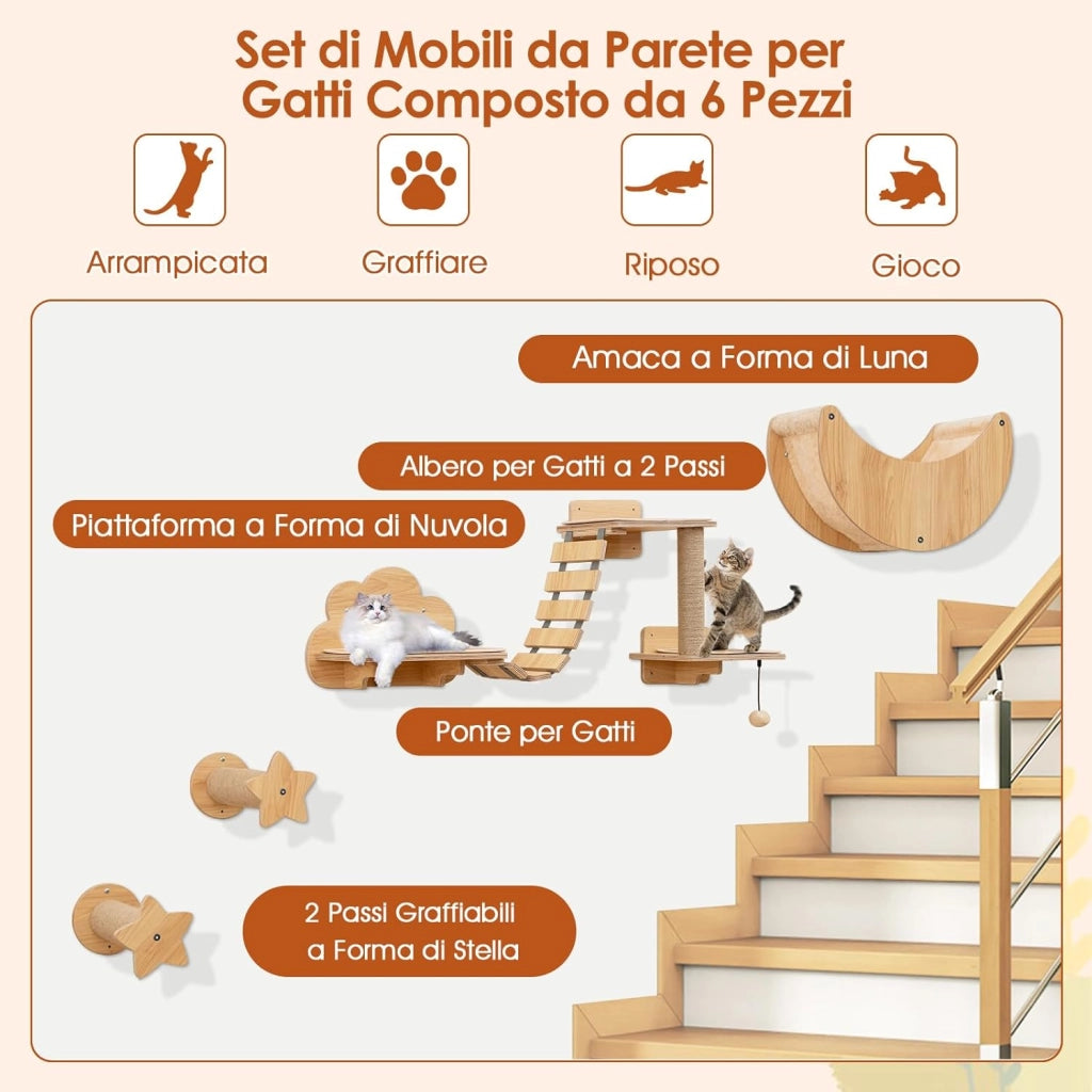 Mobili da Parete per Gatti da 6 Pezzi, Mensole per Gatti a Muro con Amaca, Ponte, Albero a 2 Livelli, Piattaforme, Gradini, Tiragraffi e Gioco Pensile, Arrampicatore da Interno (Modello 3)