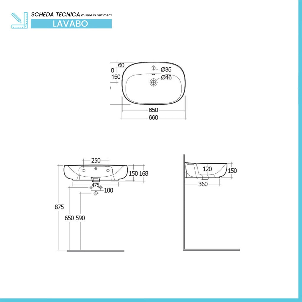 Lavabo ovale 65 cm sospeso bianco in ceramica Rak Illusion
