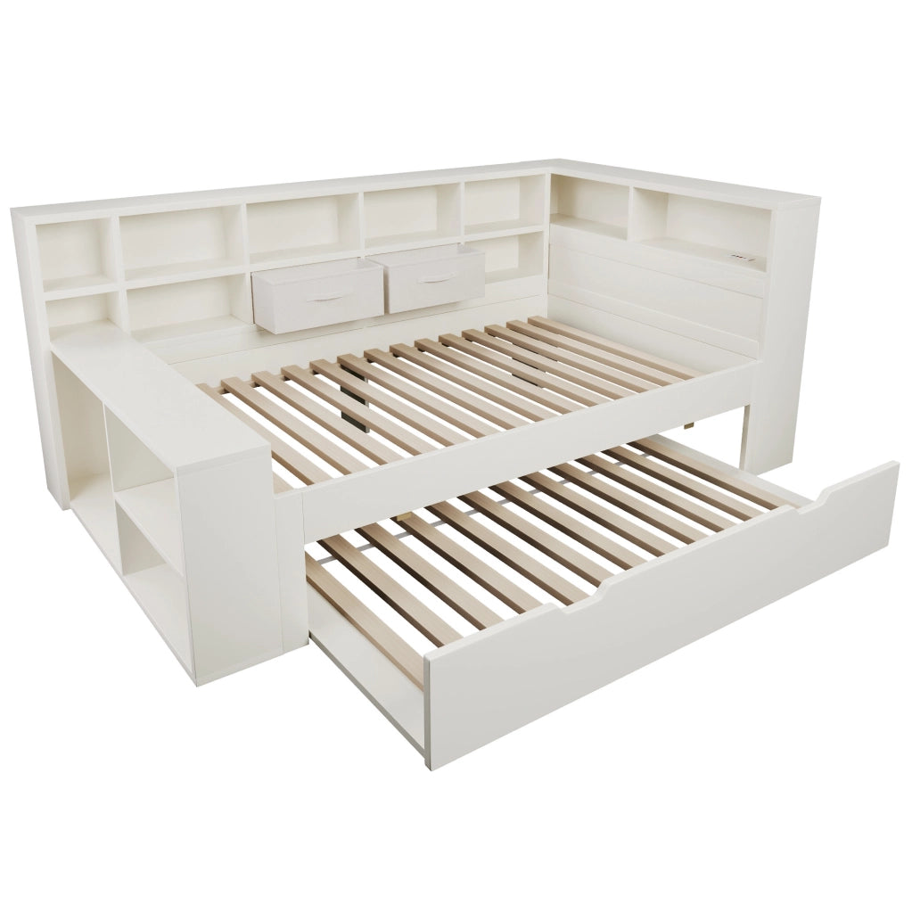 Letto 90x200 cm con letto estraibile; USB e Type-C in legno e truciolare bianco