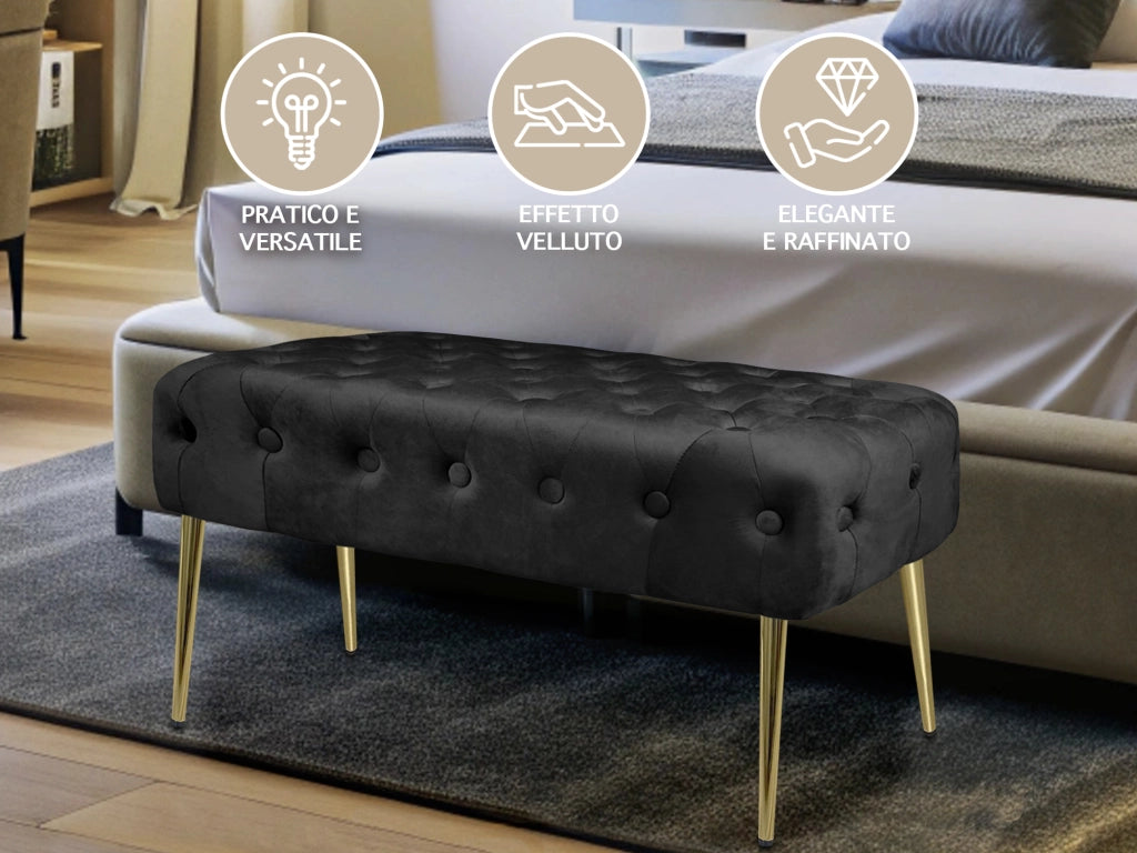 Panca Imbottita Divanetto In Velluto Sgabello A Pie Di Letto Con Gambe In Metallo Dorato Panchina Ingresso Legno Massello Pouf - Nero
