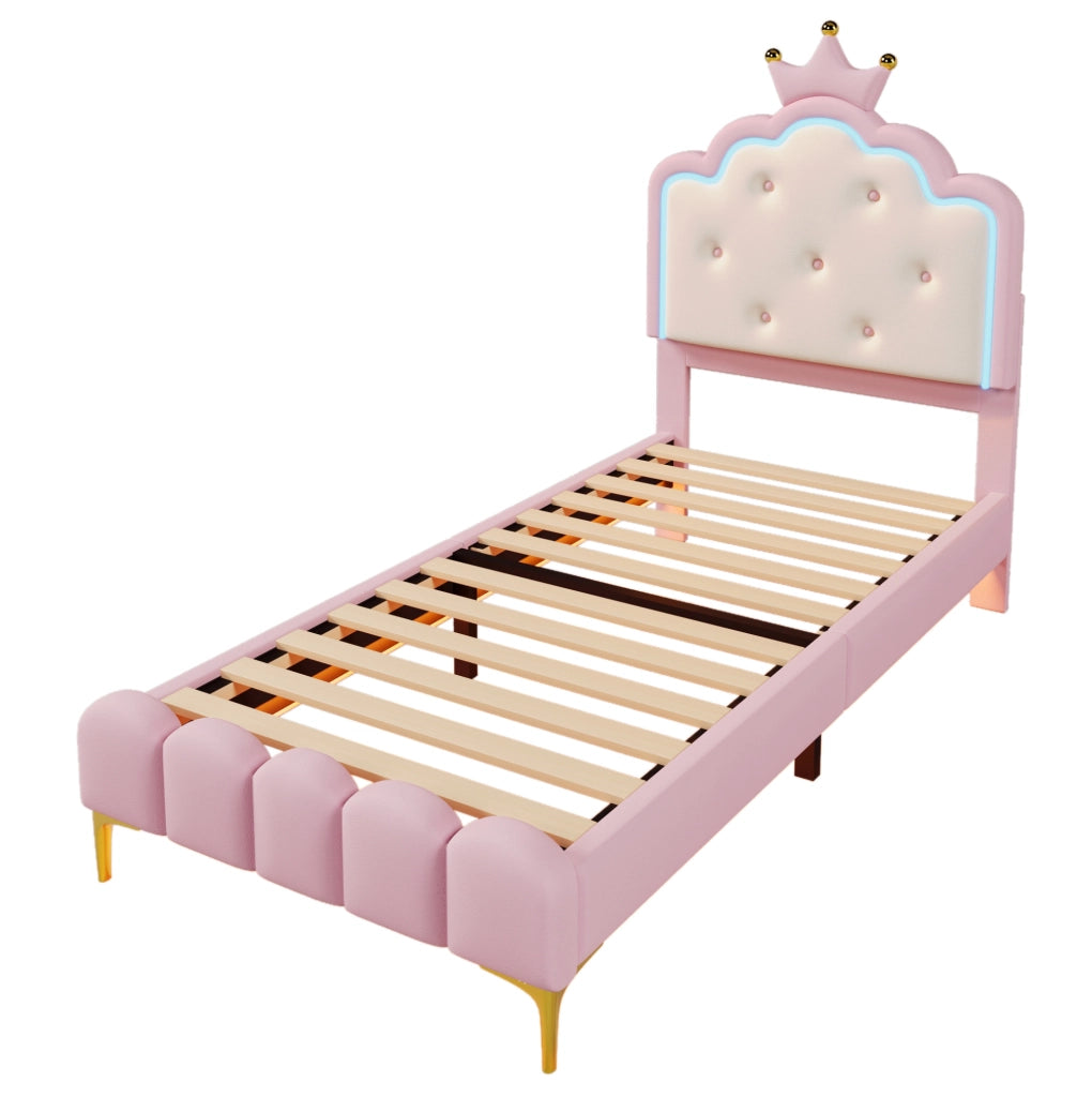 Letto imbottito 90x200 cm; luci LED regolabili; PU; rosa (Senza materasso)