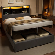Letto contenitore matrimoniale imbottito grigio 140x200 cm con LED e funzione salvaspazio