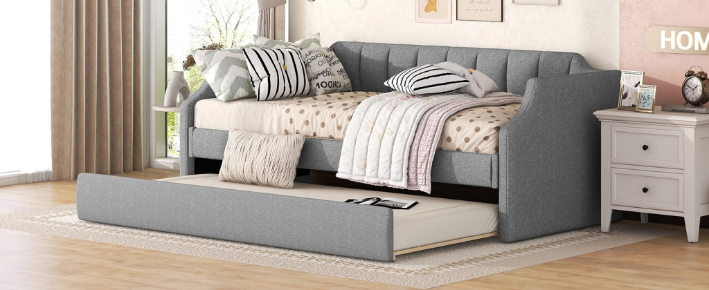 Letto giorno imbottito con letto estraibile in cotone lino grigio 90x200 cm