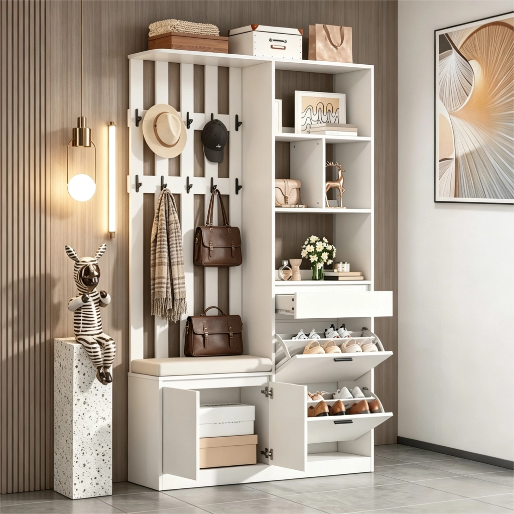 Mobile ingresso con 2 ante; 1 cassetto; 2 ribalte e 10 ganci - per ingresso - in MDF - bianco