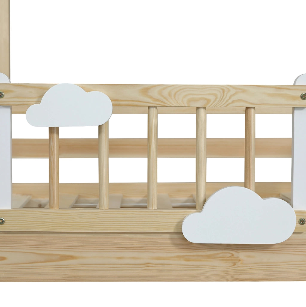 Letto a soppalco 90x200 cm con scala a tre gradini e tetto in legno bianco e naturale