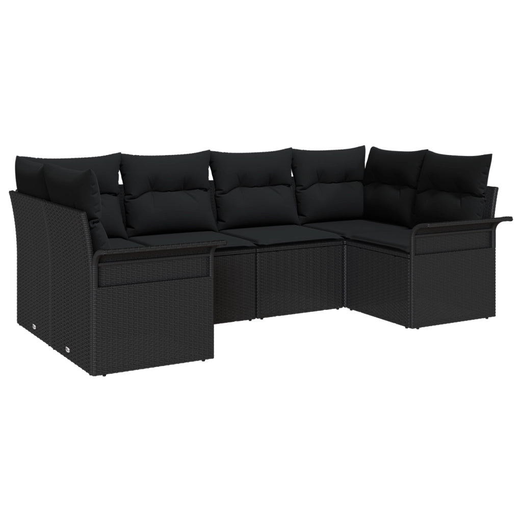Set Divano da Giardino da 6 Pezzi con Cuscini Nero Rattan Poliestere