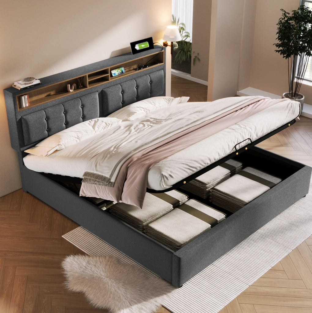 Letto imbottito 160x200 cm con USB-C e contenitore