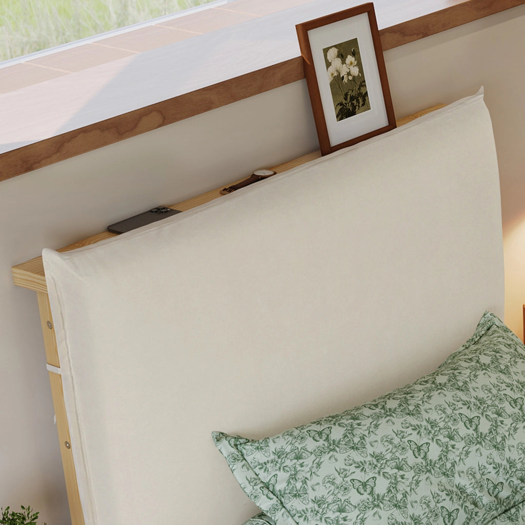 Letto Singolo 90x200 cm - Schienale Imbottito; Doghe Robuste e Gambe Larghe - Naturale