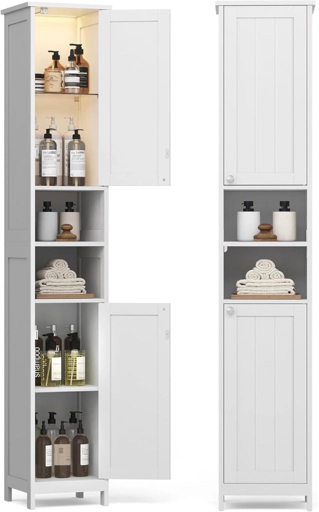 VASAGLE Mobile da Bagno con Luce, Armadietto Mobiletto da Bagno a Colonna con Ripiani Regolabili, Scomparti Aperti, per Piccoli Spazi, Moderno, Bianco Nuvola BBC566W03