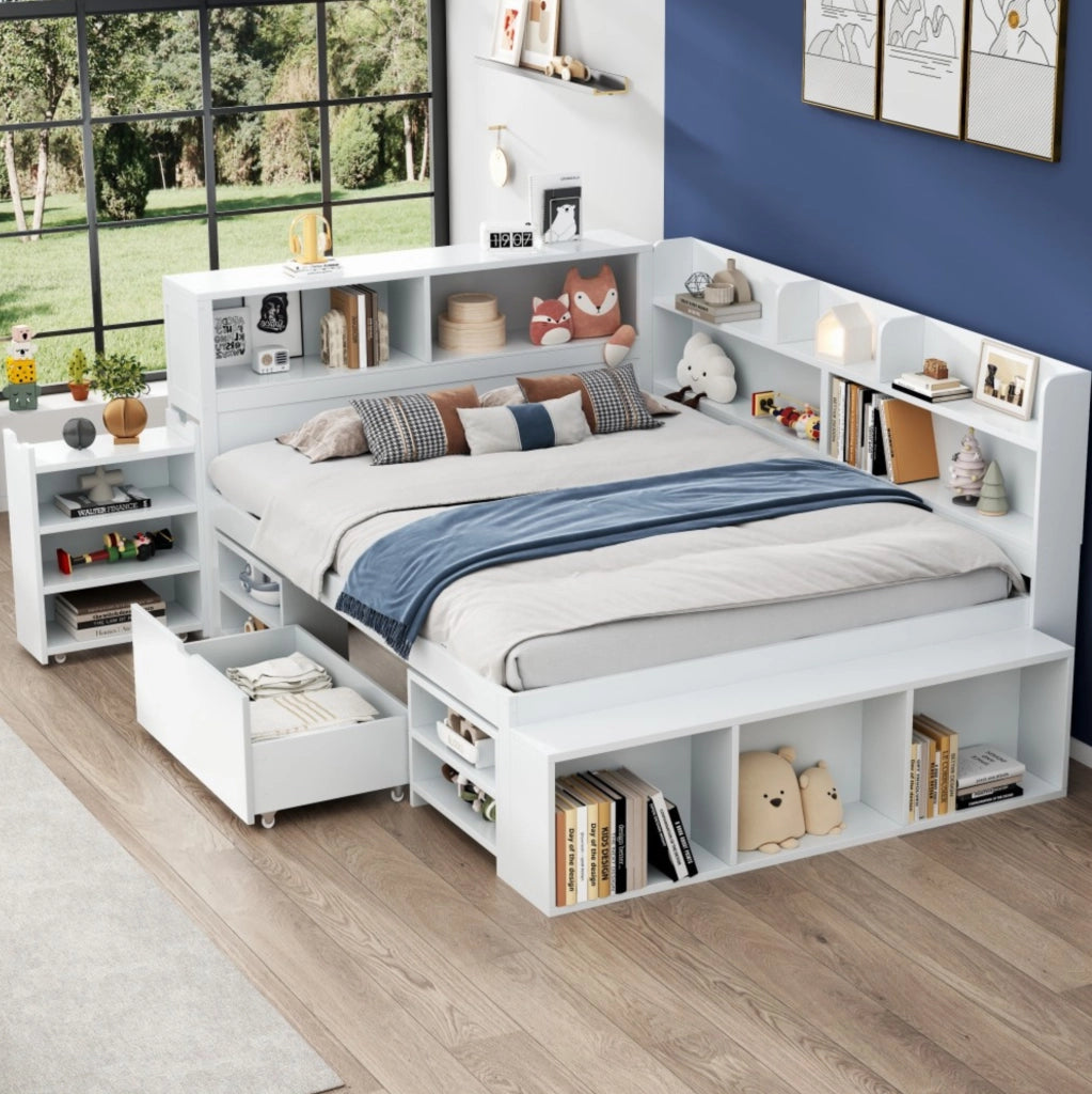 Letto singolo multifunzionale 140x200 cm con contenitori e rete a doghe; in legno multistrato bianco