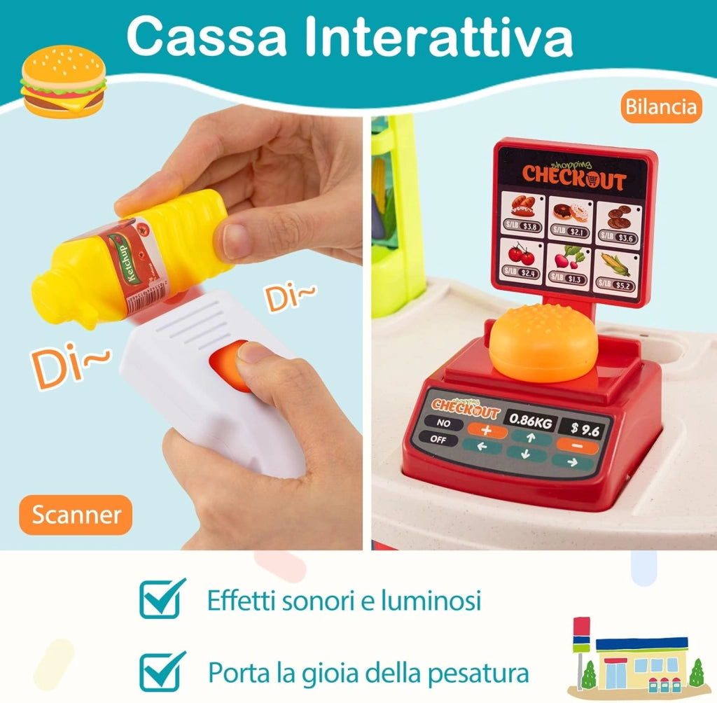Cassa Gioco Supermercato per Bambini, Supermercato Giocattolo con Carrello della Spesa, Registratore di Cassa, Scanner, Luci e Suoni, Gioco di Ruolo con 29 Accessori (Blu)