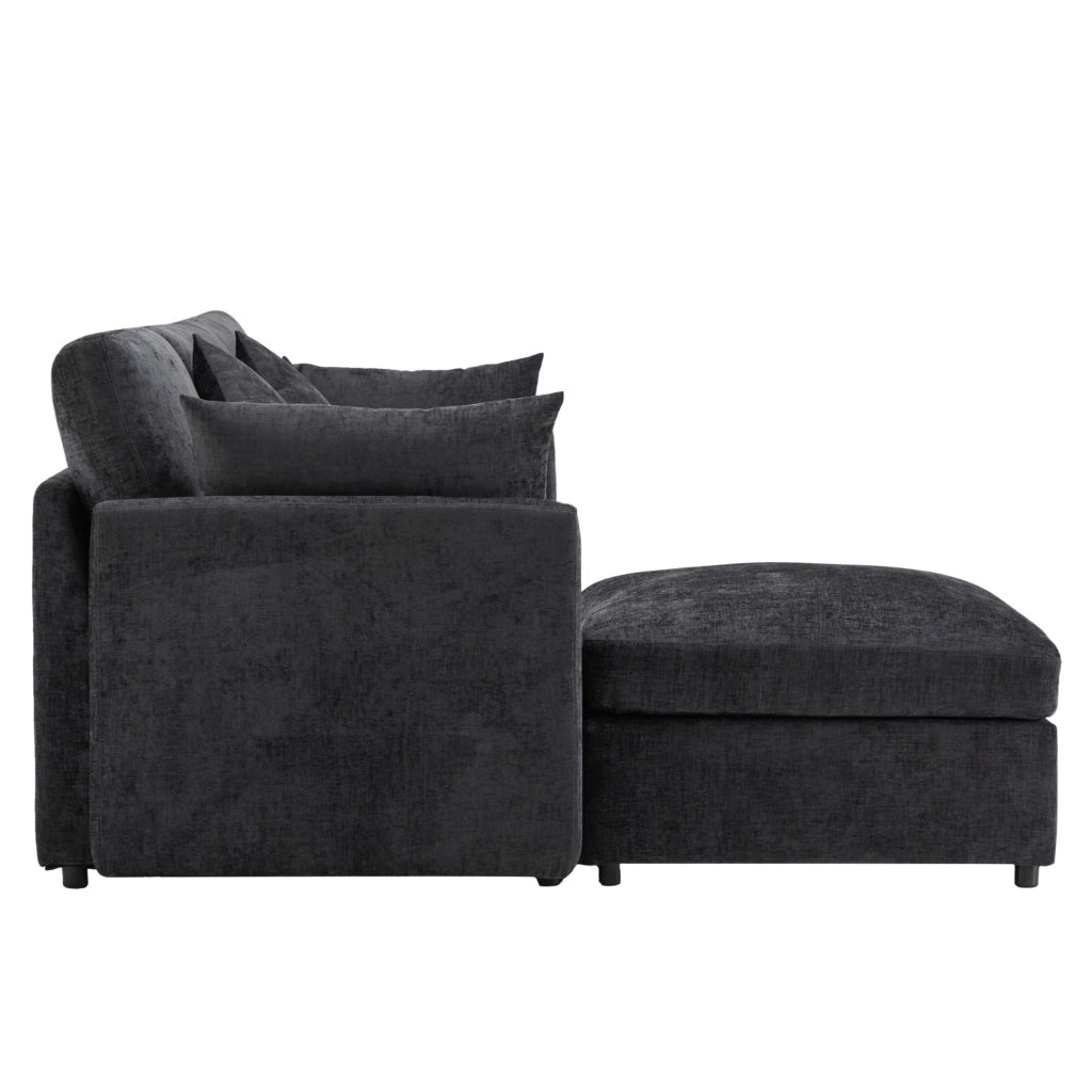 Divano modulare angolare a L con pouf mobile e 4 cuscini in ciniglia, grigio