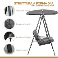 Dondolo 2 Posti con Tettuccio Regolabile e Cuscini, in Acciaio e Poliestere, 144x117x173 cm, Grigio