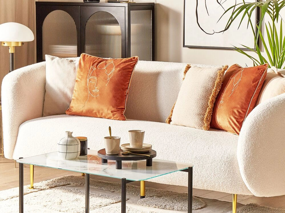 Set di 2 cuscini decorativi in velluto arancione e oro 45 x 45 cm motivo viso glamour accessori decorativi