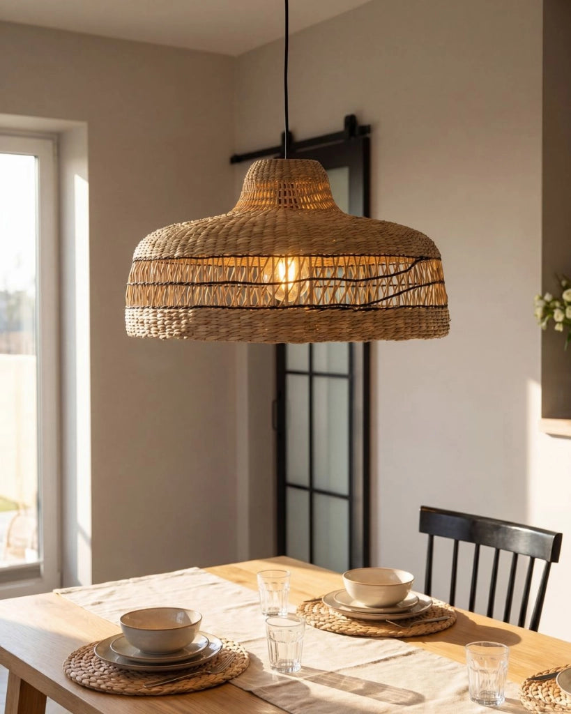 Lampada a Sospensione Boho con Paralume in Erba Marina Naturale per Soggiorno e Camera da Letto