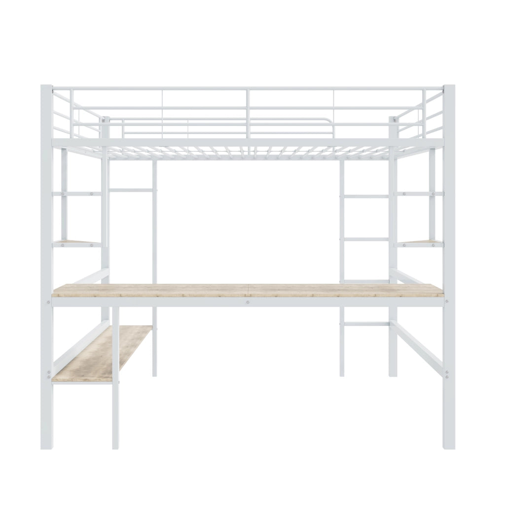 Letto a castello bianco in metallo con scrivania e scaffali 90x200 cm