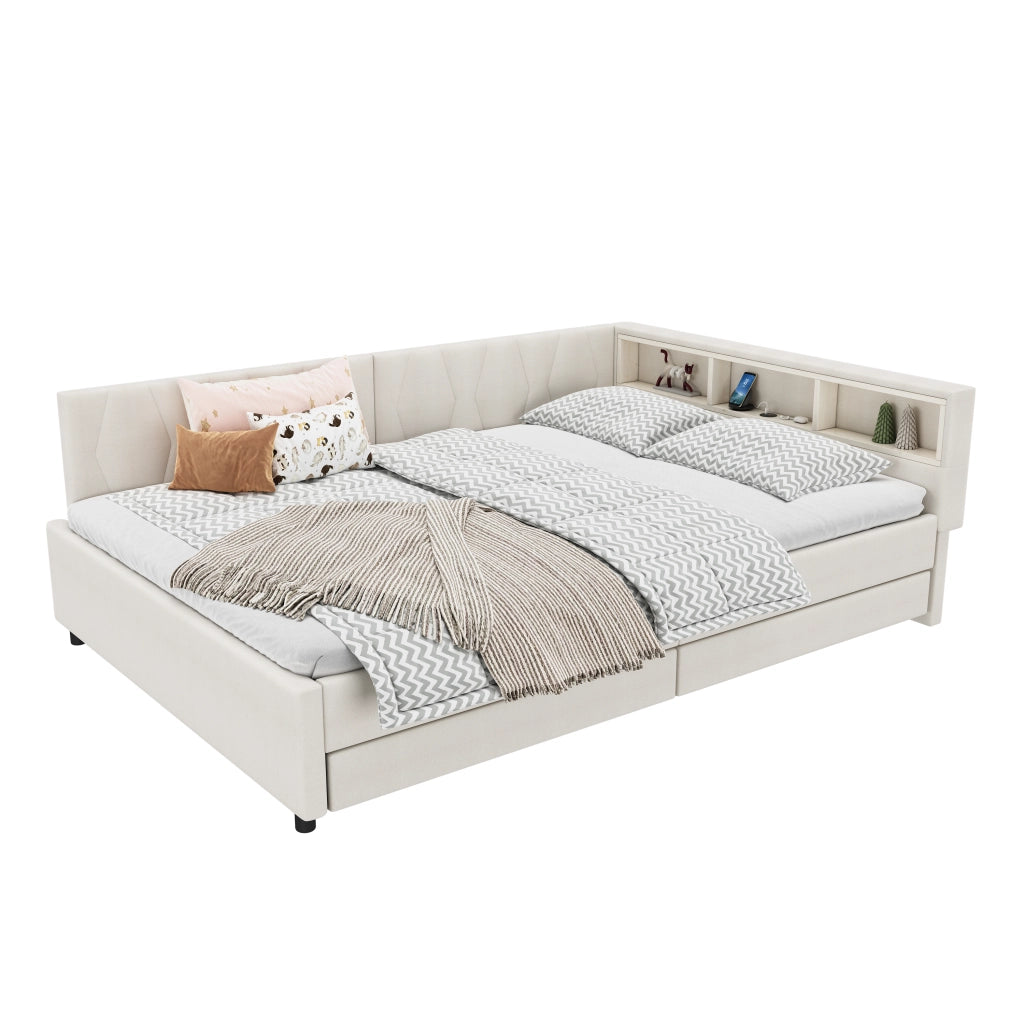 Divano letto con 2 cassetti; porte USB e Tipo-C; LED ambientali e doghe; lino beige; 140x200 cm; senza materasso