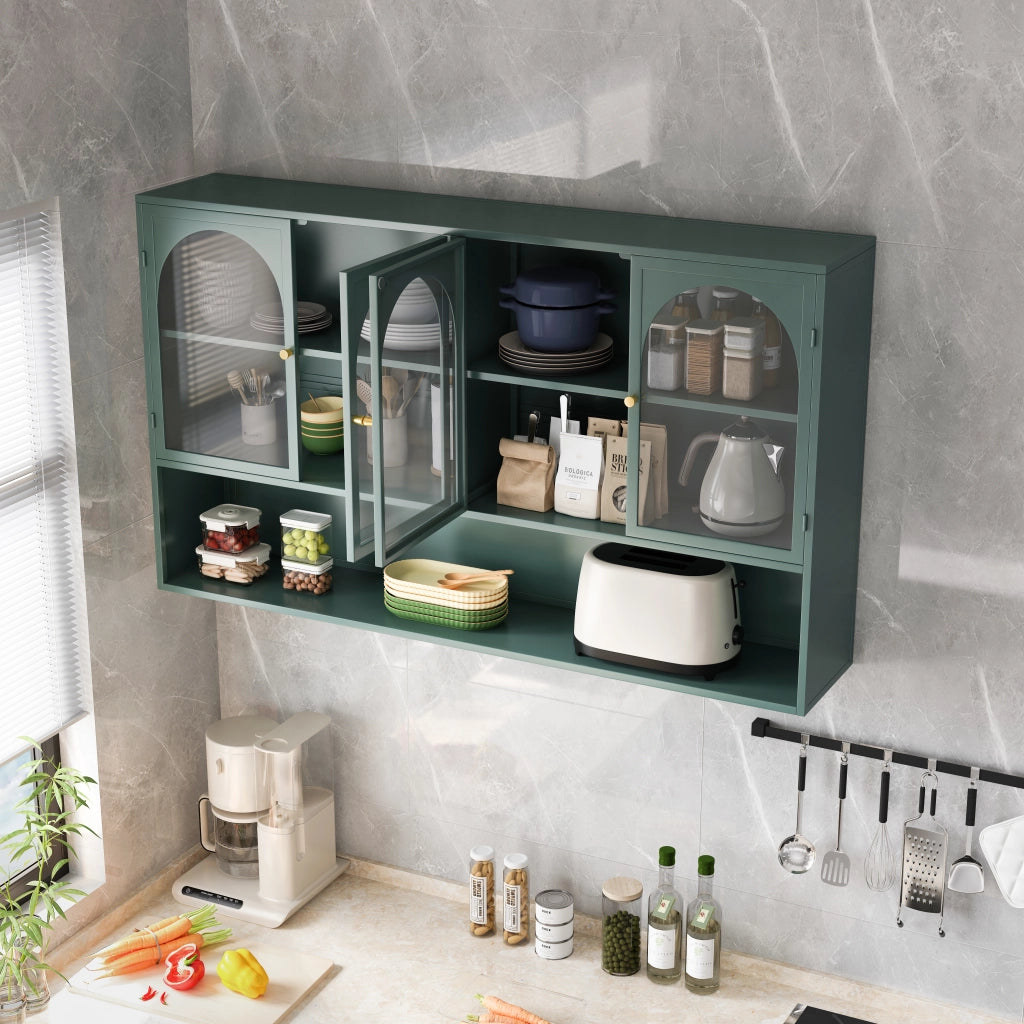 Mobile contenitore a 4 ante in ferro e vetro con ripiani; per cucina e soggiorno; 120×23×70 cm; verde scuro