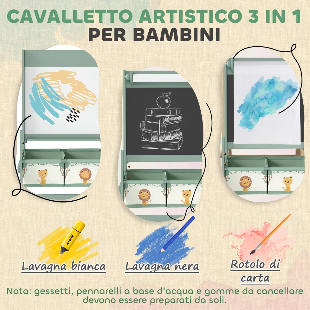 Lavagna per Bambini 3 in 1 54x46x94 cm con Cavalletto Rotolo di Carta e 2 Cestelli in Legno Verde