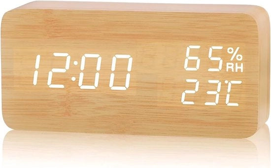 Alarme digitale con 3 sveglie, con lettura temperatura e umidità, attivabile con tocco o audio, con illuminazione regolabile, con ingresso USB