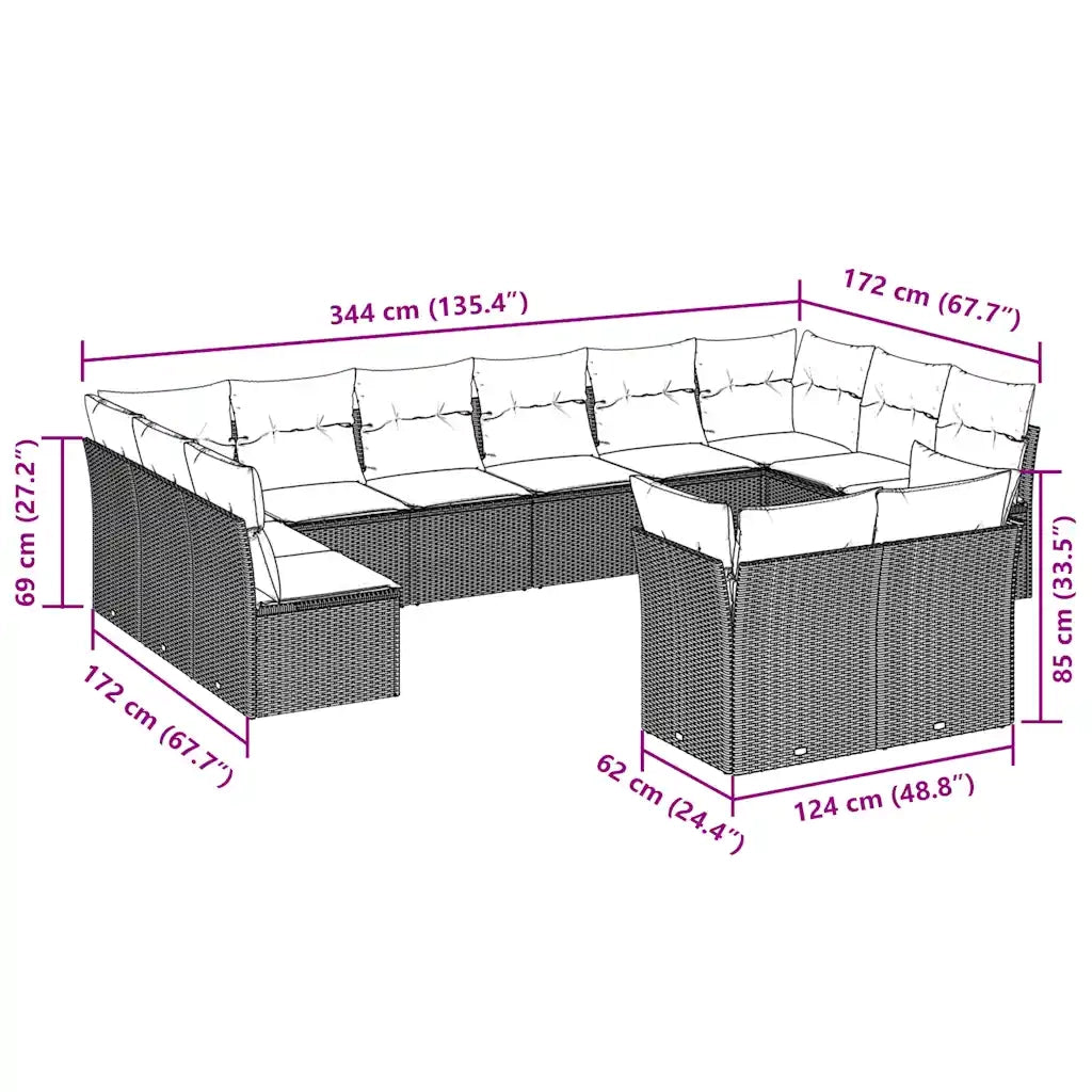 Set Divani da Giardino 12 pz con Cuscini Marrone in Polyrattan