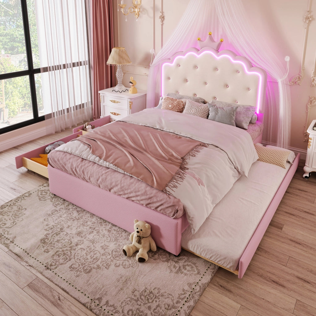 Letto imbottito 140x200 cm; luci LED e cassetti; PU; rosa (Senza materasso)