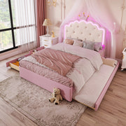 Letto imbottito 140x200 cm; luci LED e cassetti; PU; rosa (Senza materasso)