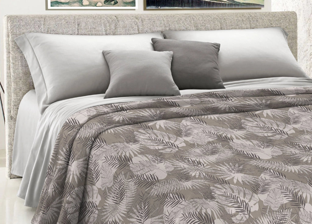 Copriletto Piquet Primavera Estate 100% Cotone Disegno Tropical Felce - Singolo - Beige