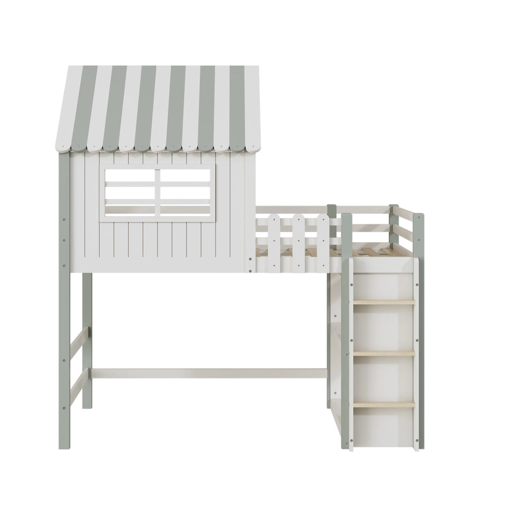 Letto a soppalco per bambini 90x200 cm verde con scala