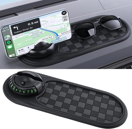 Matrice antiscivolo per auto, matrice antiscivolo multifunzionale per l'auto con supporto girevole da 360° per cellulare e display di parcheggio.