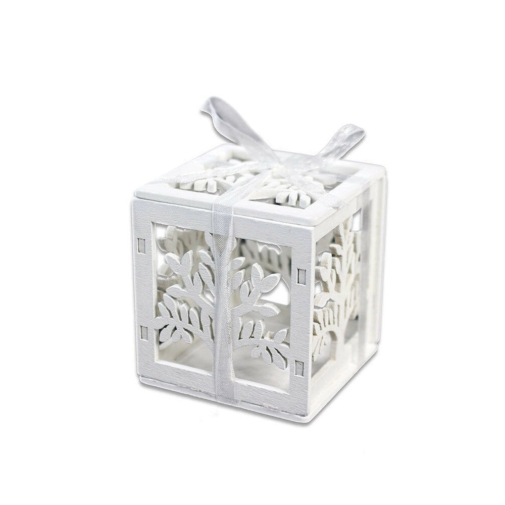 Trade Shop - Set Bomboniera Per Matrimonio Cubo In Legno Albero Della Vita Stilizzato Bianco -