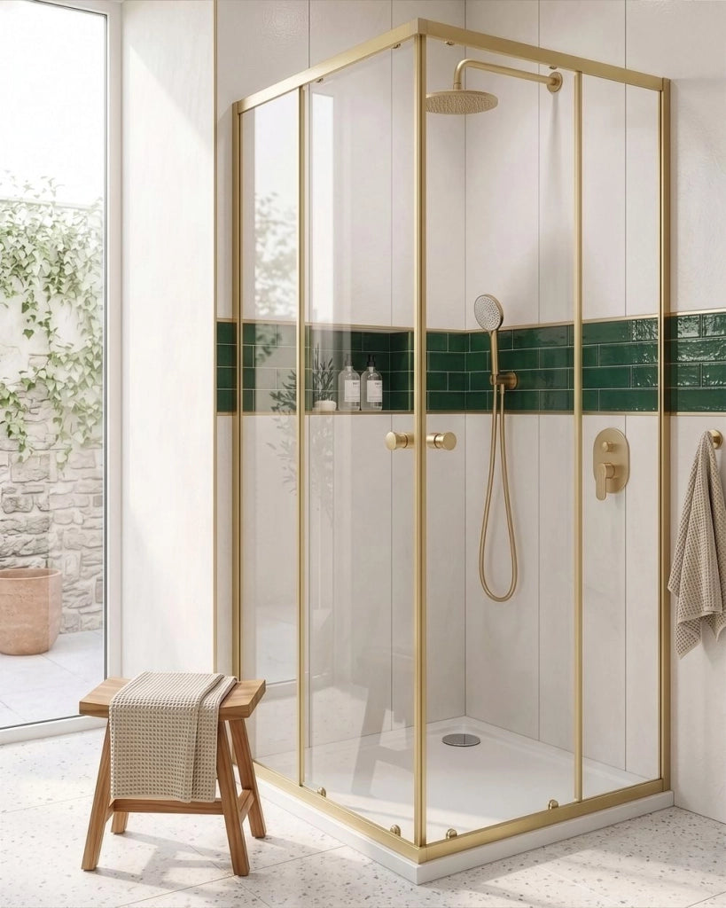 Box doccia in vetro temperato dorato con telaio in alluminio, anta singola, 90 x 90 x 190 cm, design moderno