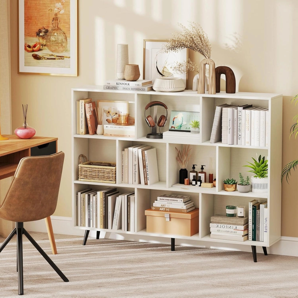 Libreria a 10 Cubi, Organizzatore di Stoccaggio Moderno con 5 Gambe di Metallo, Scaffale per Esposizione con 2 Kit Anti-Ribaltamento per Soggiorno Studio Camera da Letto, Bianco (140x24x107cm)