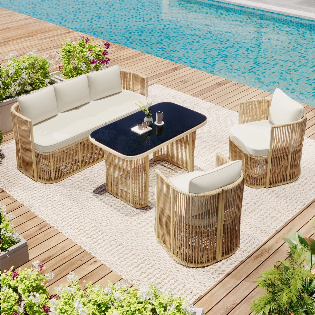 Set Salotto da Giardino 4 Pezzi in Polyrattan ¨C MINIMAL ¨C Divano 3 Posti, 2 Poltrone, Tavolo Vetro, Cuscini