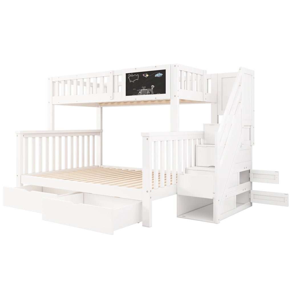 LETTO a castello per bambini 90x200/140x200 cm con lavagna e cassetti Bianco
