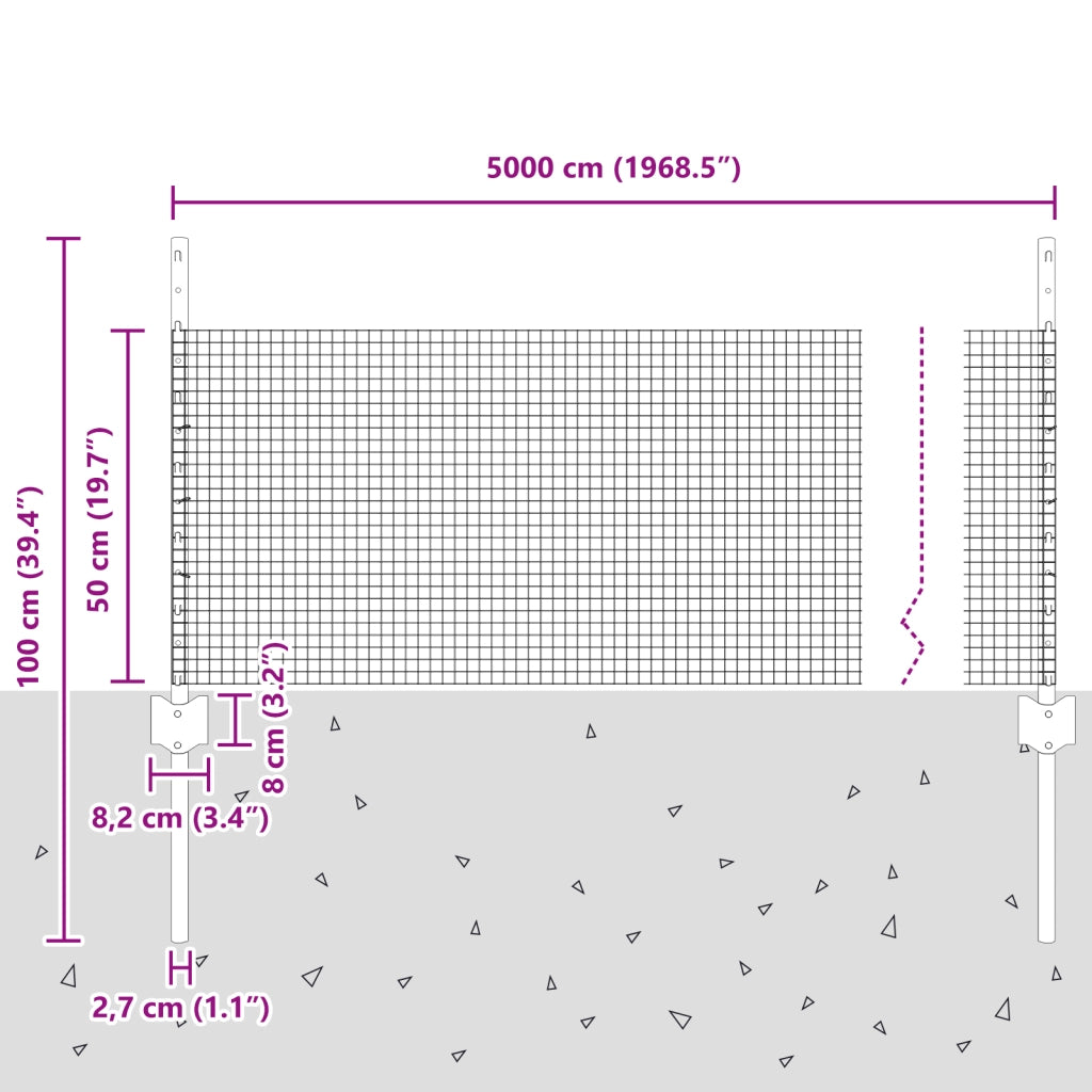 Recinzione in Rete Saldata con 22 Pali U Argento 0.5x50 m Acciaio