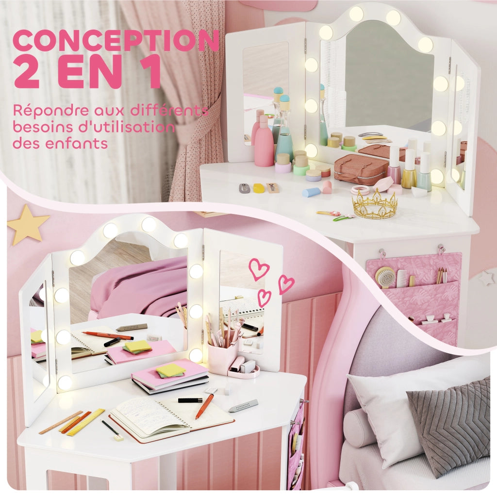 Tavolo trucco bambini con specchio e luci LED ¨C zephmum ¨C bianco 93.6x48.5x111.5 cm