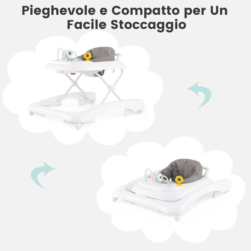 3 in 1 Girello per Bambini, Girello Pieghevole per Bambini, con 3 Altezze Regolabili, Sedile Imbottito e Piatto Giocattolo Rimovibile, Girello a Spinta con Ruote, per Bambini 6+ Mesi (Grigio)