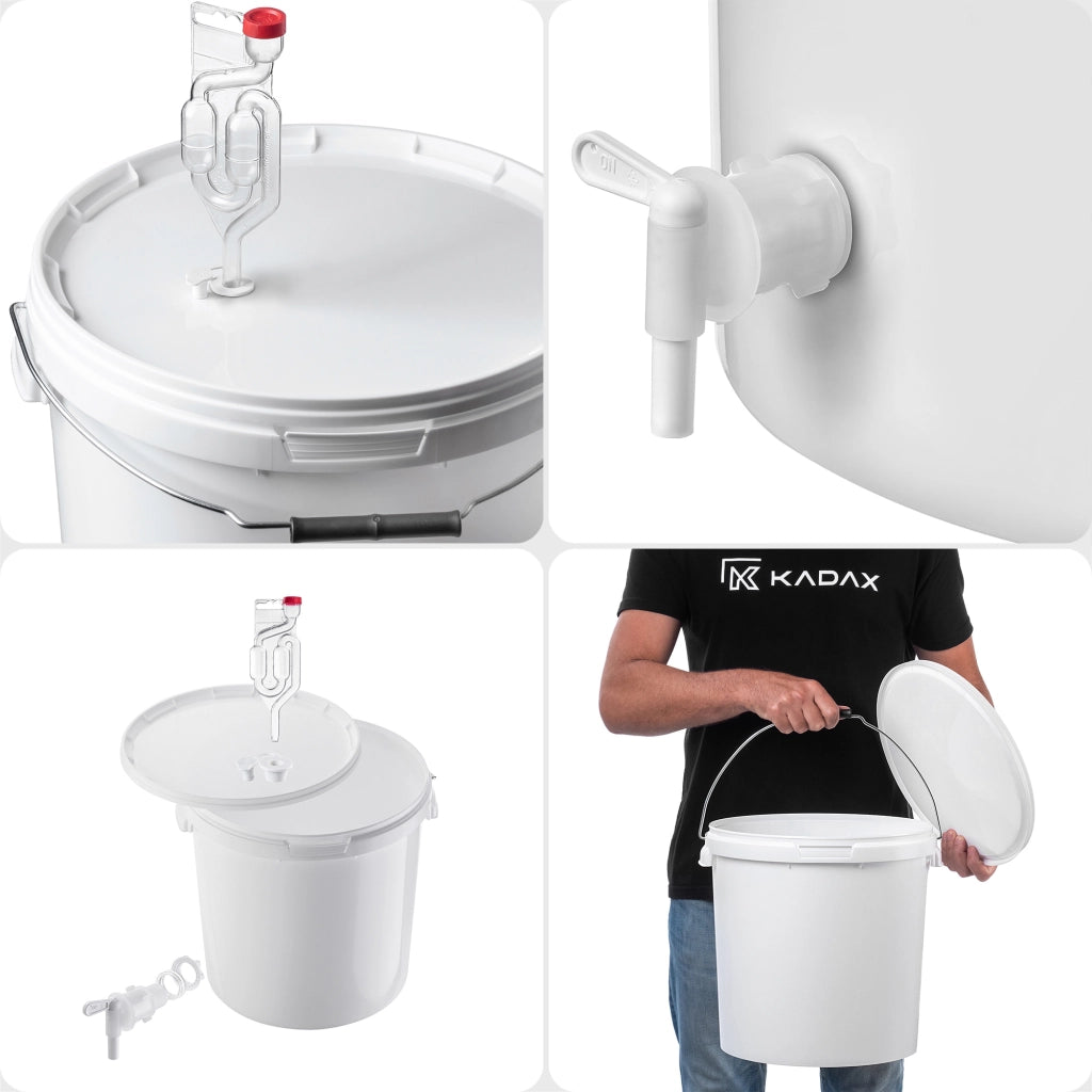 Set di contenitori per fermentazione KADAX da 20 litri per vino e liquori, completo di rubinetto, tubo e tappo.
