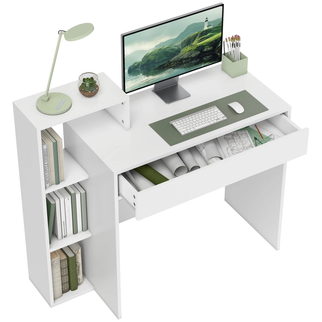 Scrivania PC Moderna con 3 Ripiani Aperti e Cassetto, in Legno Bianco, 100x40x90 cm