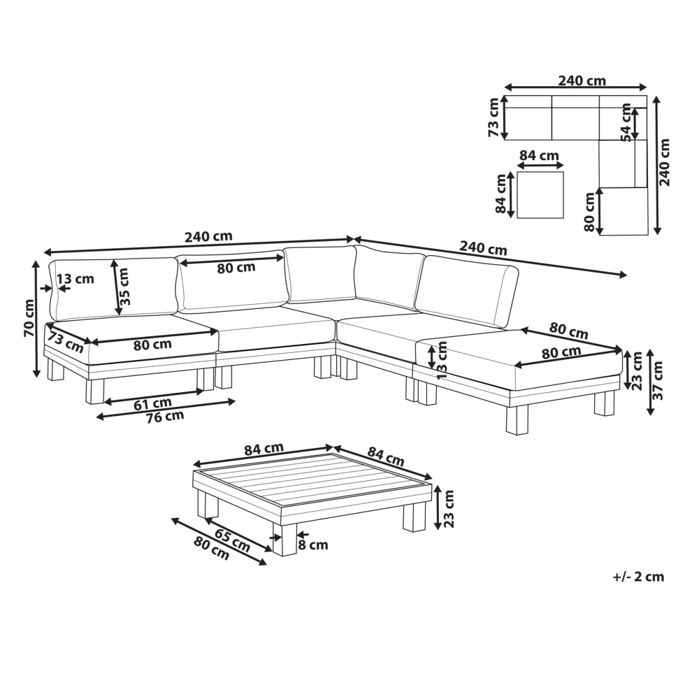 Set di divani angolari modulari da giardino Cuscini bianchi Struttura in alluminio effetto legno chiaro con tavolino da caffè