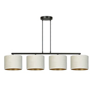 Lampadario 4 Luci Ganesha In Acciaio Nero E Paralumi In Tessuto Beige