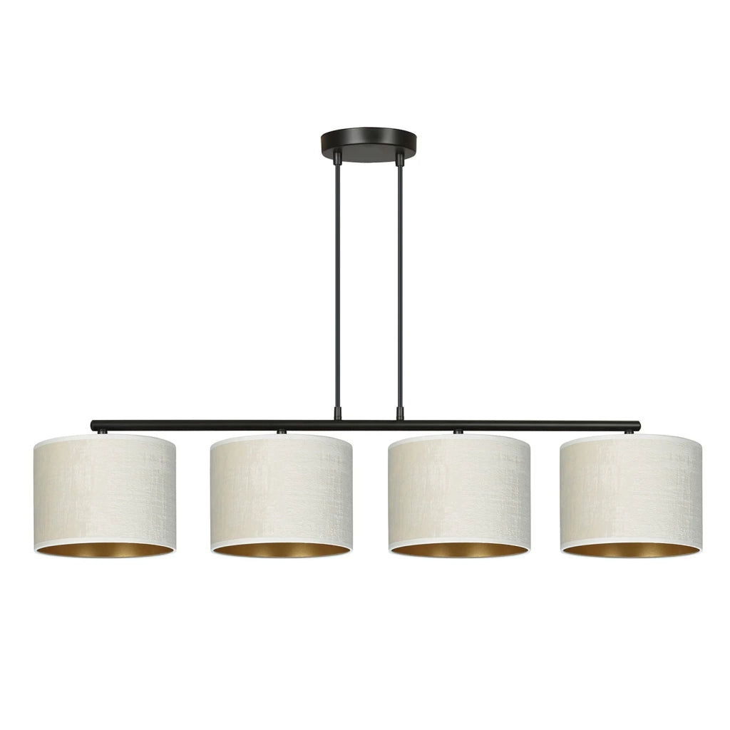 Lampadario 4 Luci Ganesha In Acciaio Nero E Paralumi In Tessuto Beige