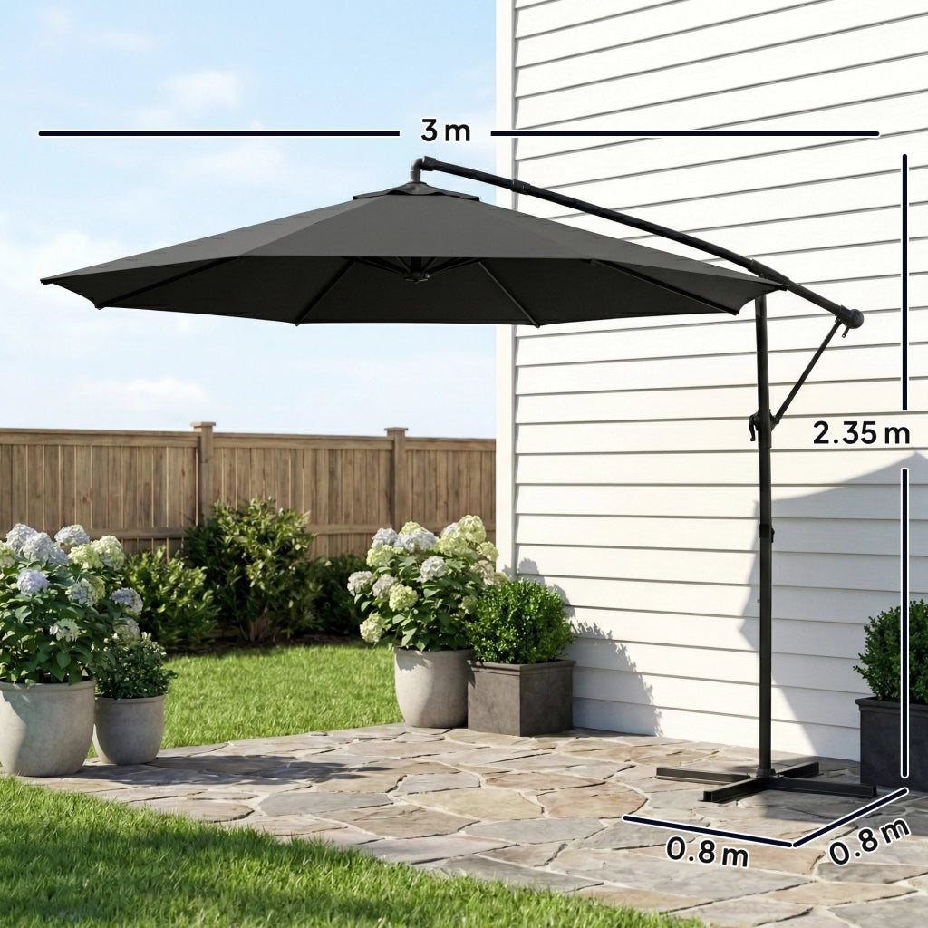 Ombrellone da Giardino a Sbalzo Ø300x235 cm Regolabile in Poliestere UPF30+ Nero
